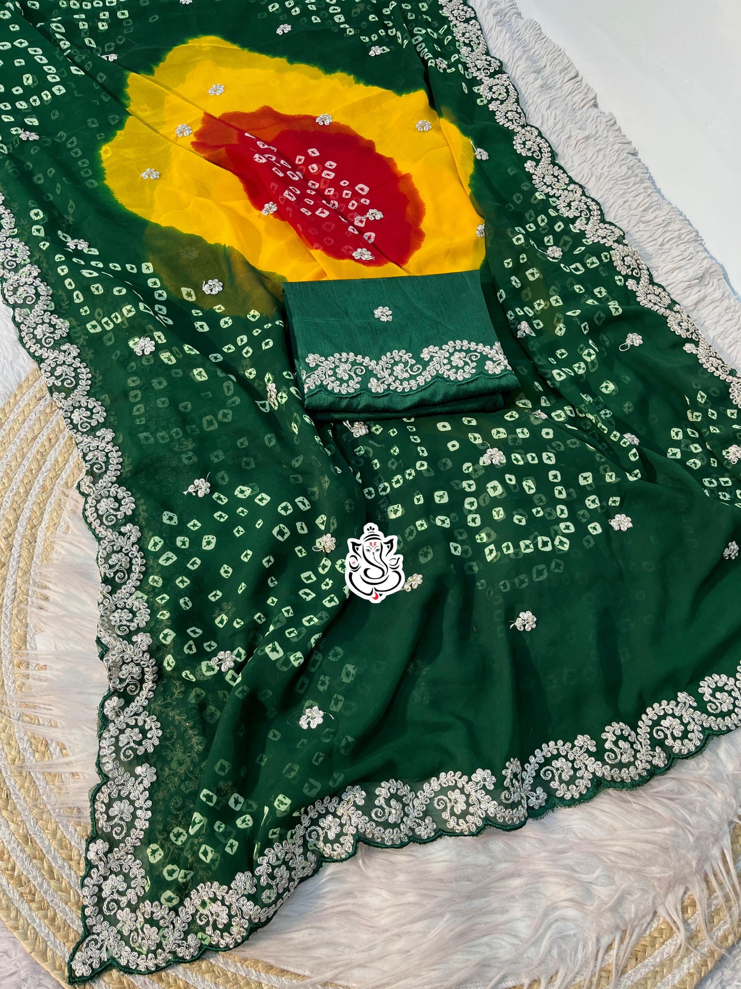 Premium Bandhej Soft C*C Georgette Saree with Pitta & Sequin Work