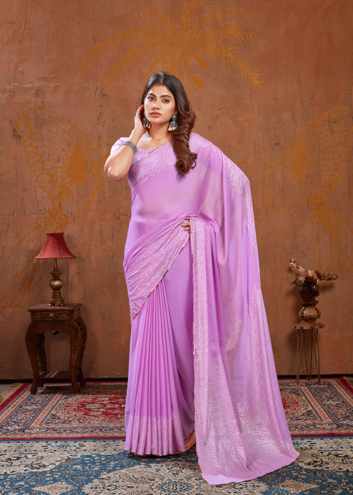 Moss Stitch Foil Saree with Cutwork Border & Fancy Blouse