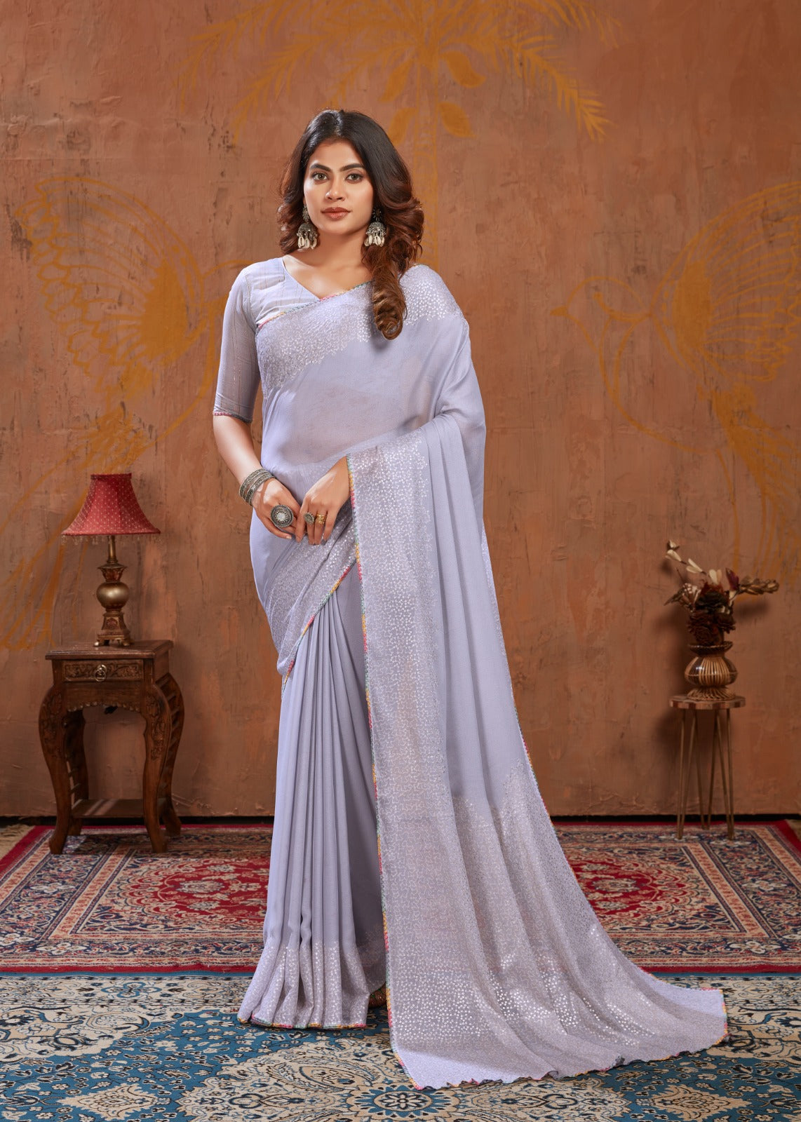 Moss Stitch Foil Saree with Cutwork Border & Fancy Blouse