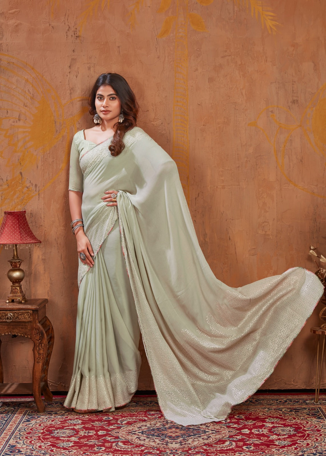 Moss Stitch Foil Saree with Cutwork Border & Fancy Blouse