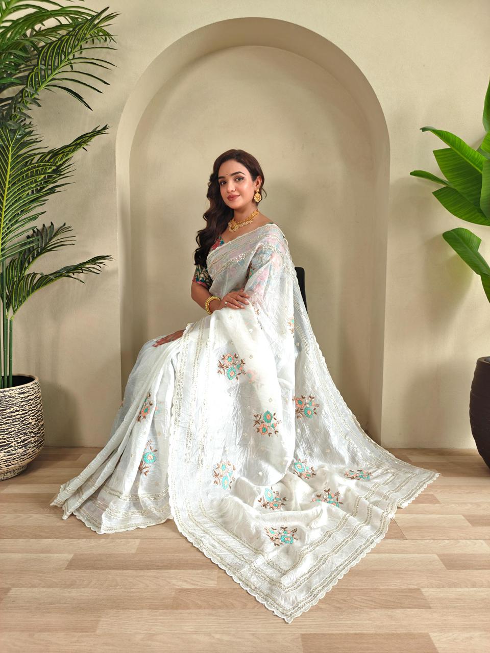 Premium Crunchy Chiffon Saree with Elegant Scallop & Thread Embroidery