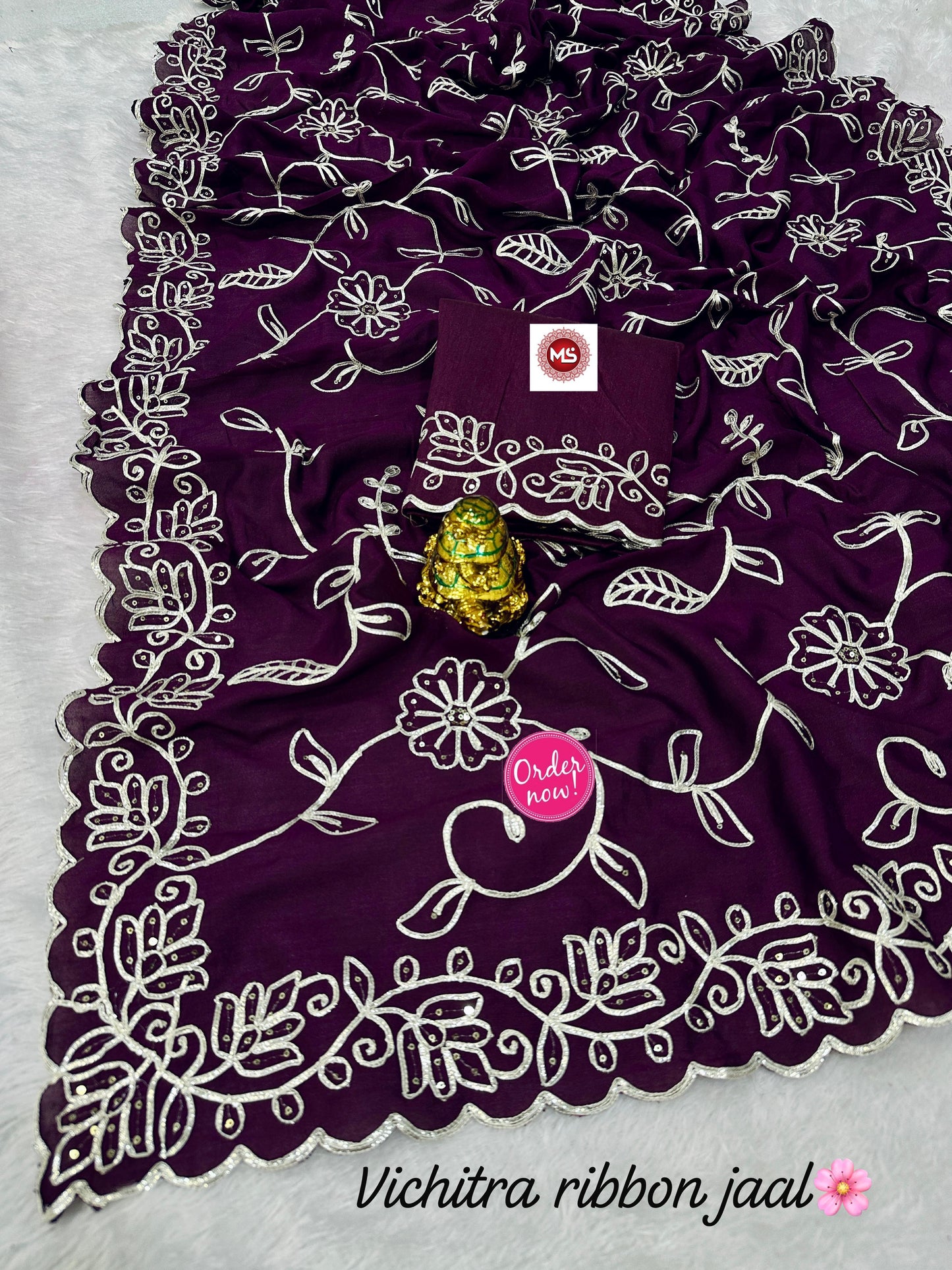 Vichitra Silk Saree with Designer Ribbon & Sequin Work