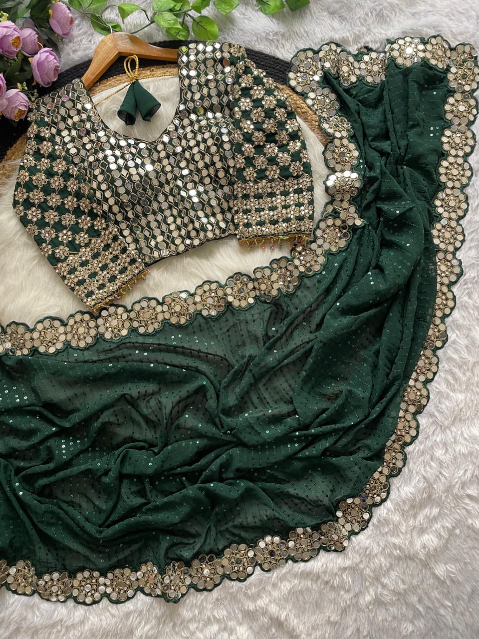 Stylish Georgette Mirror Work Saree with Sequins & Full-Stitch Blouse