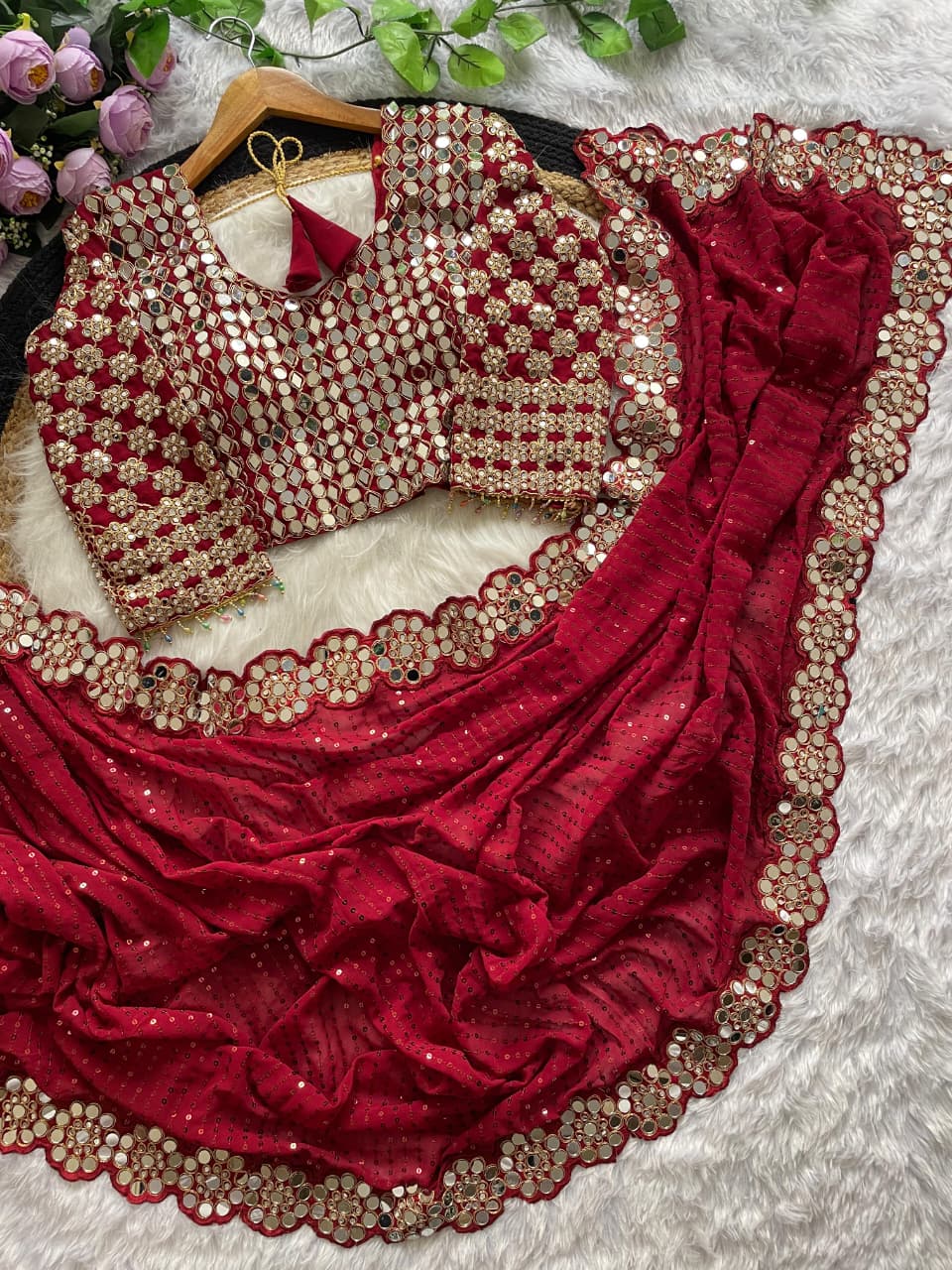 Stylish Georgette Mirror Work Saree with Sequins & Full-Stitch Blouse