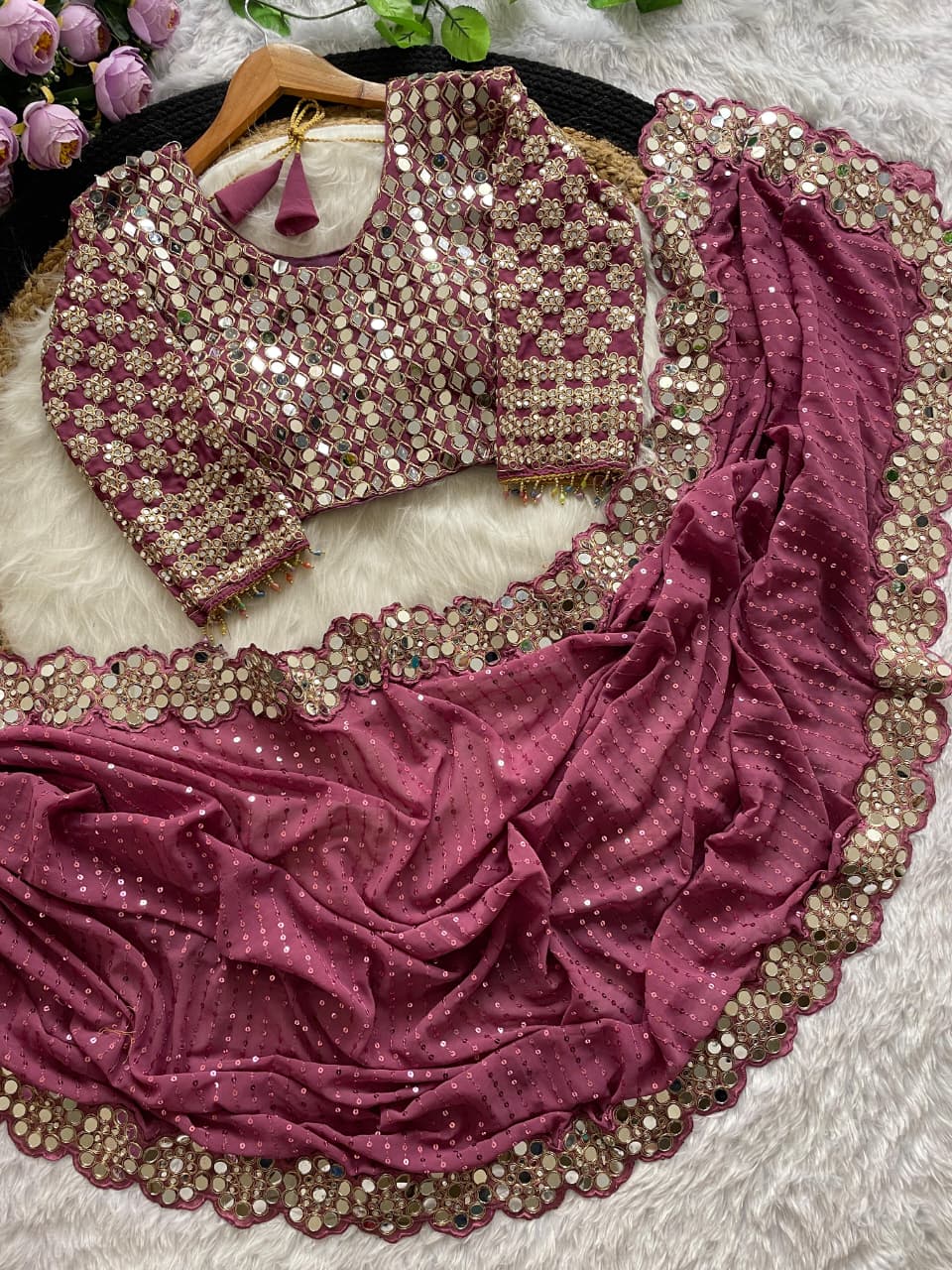Stylish Georgette Mirror Work Saree with Sequins & Full-Stitch Blouse