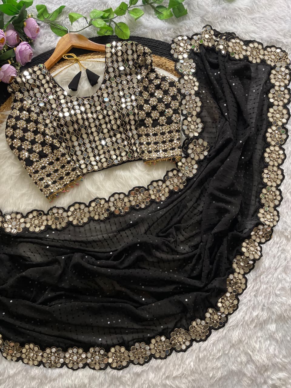 Stylish Georgette Mirror Work Saree with Sequins & Full-Stitch Blouse