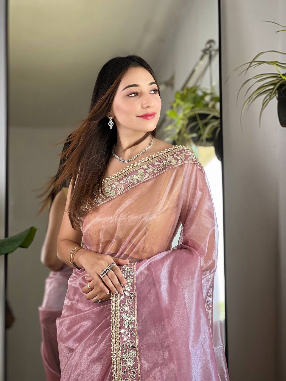 Silver Tissue Silk Saree with Designer Embroidery & Mirror Work