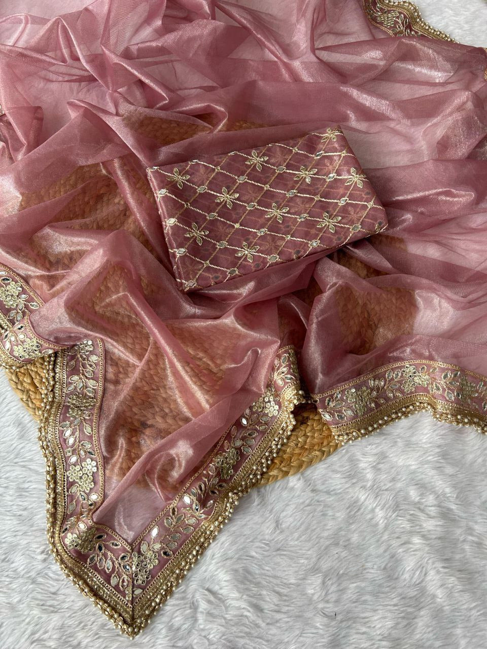 Silver Tissue Silk Saree with Designer Embroidery & Mirror Work