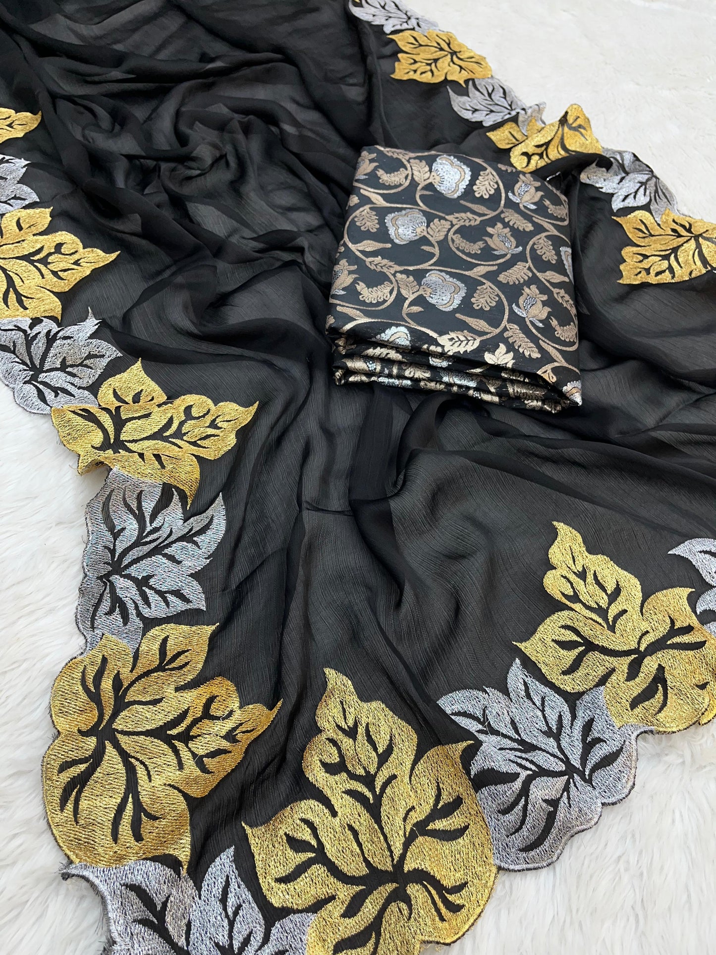 Premium Pure Satin Chiffon Silk Saree with Leaf Embroidery