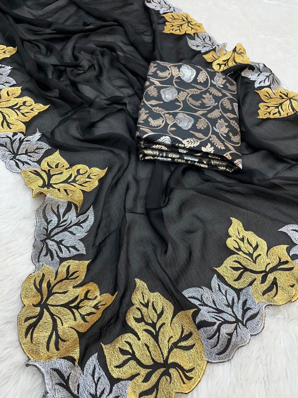 Premium Pure Satin Chiffon Silk Saree with Leaf Embroidery