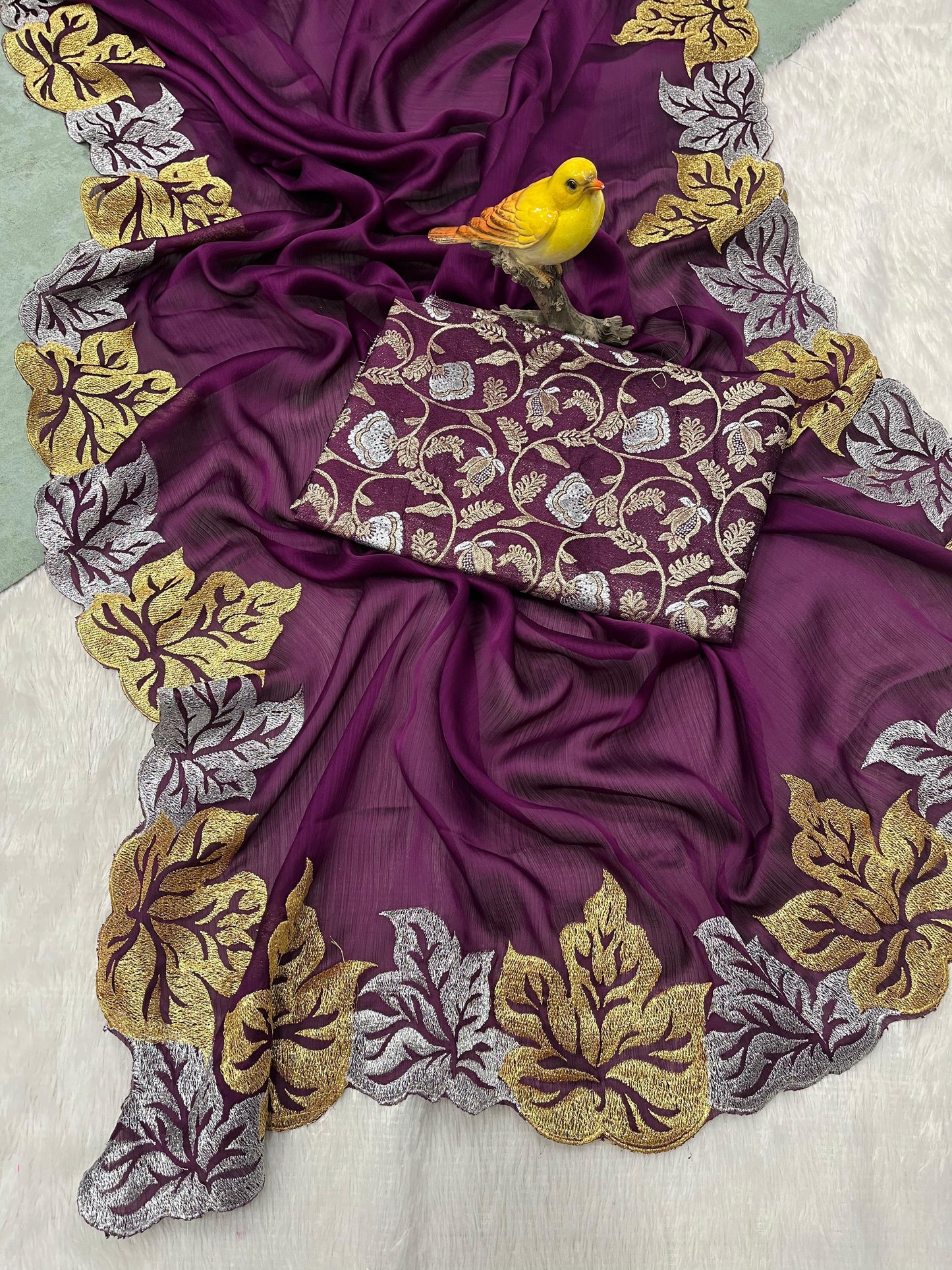 Premium Pure Satin Chiffon Silk Saree with Leaf Embroidery