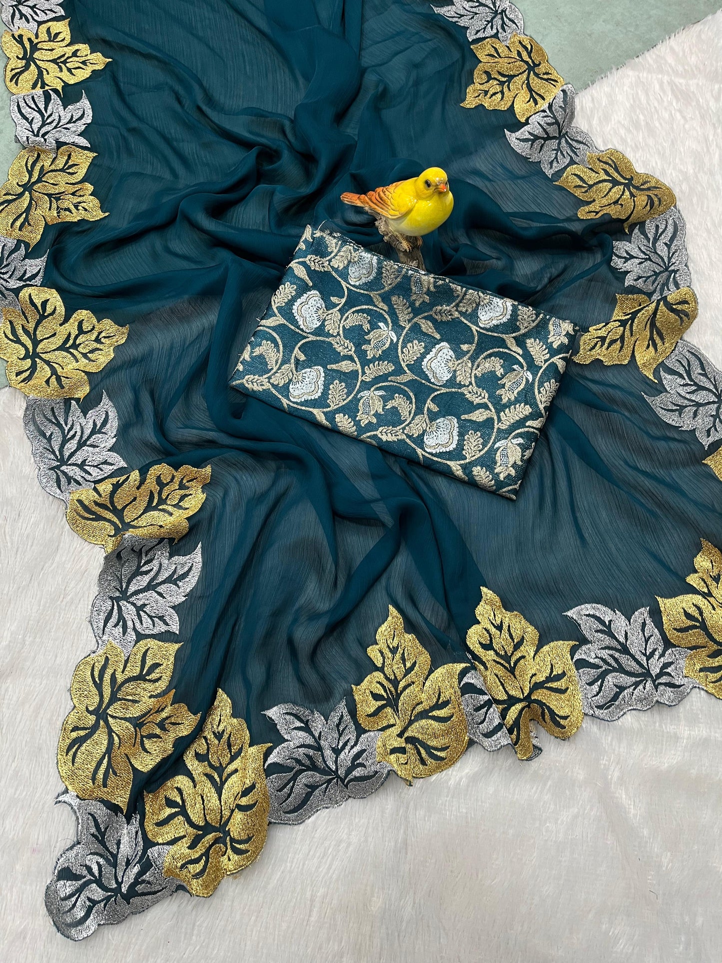 Premium Pure Satin Chiffon Silk Saree with Leaf Embroidery