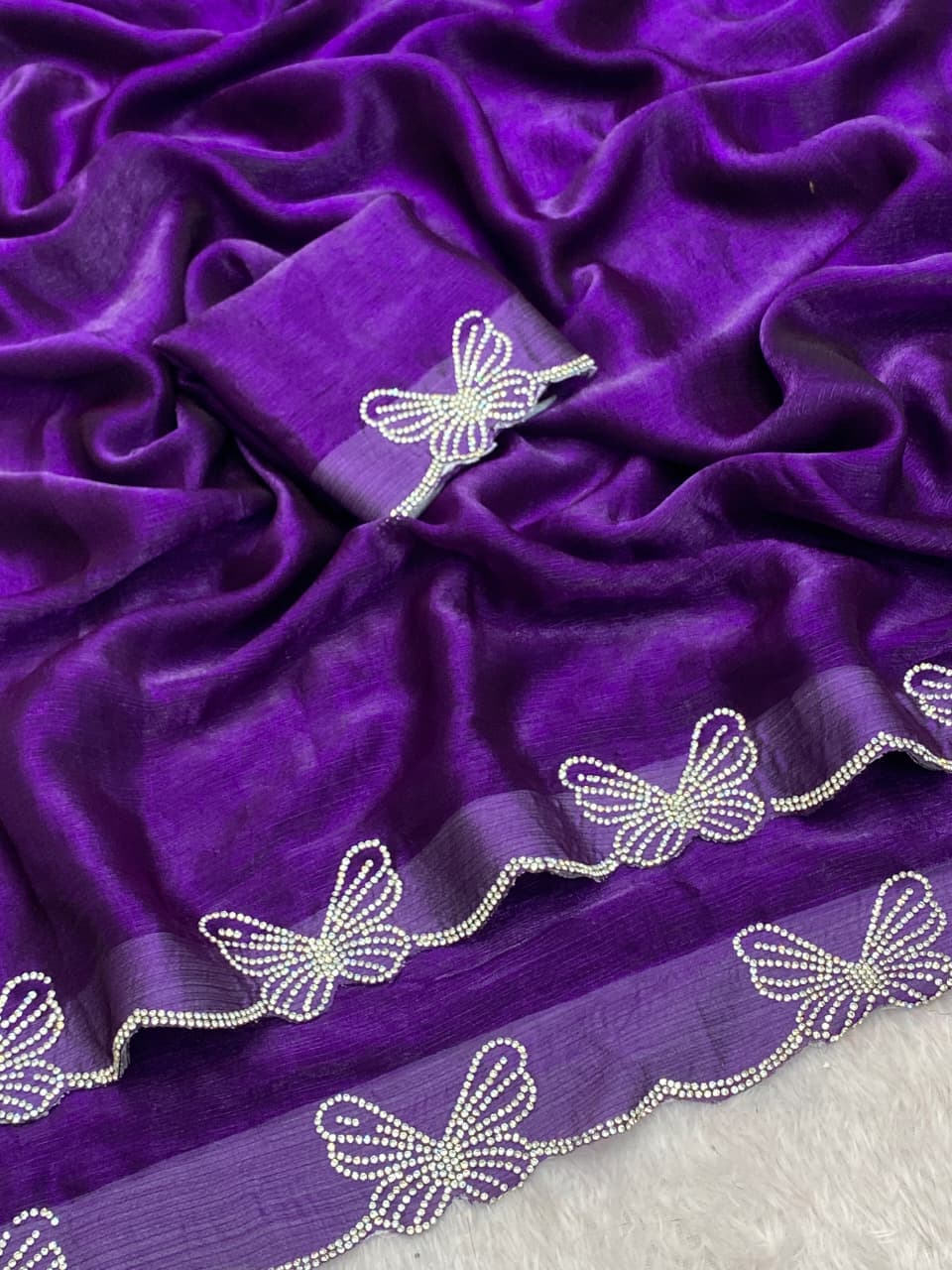 Premium Fendy Chiffon Saree with Complete Zarkan Diamond Work