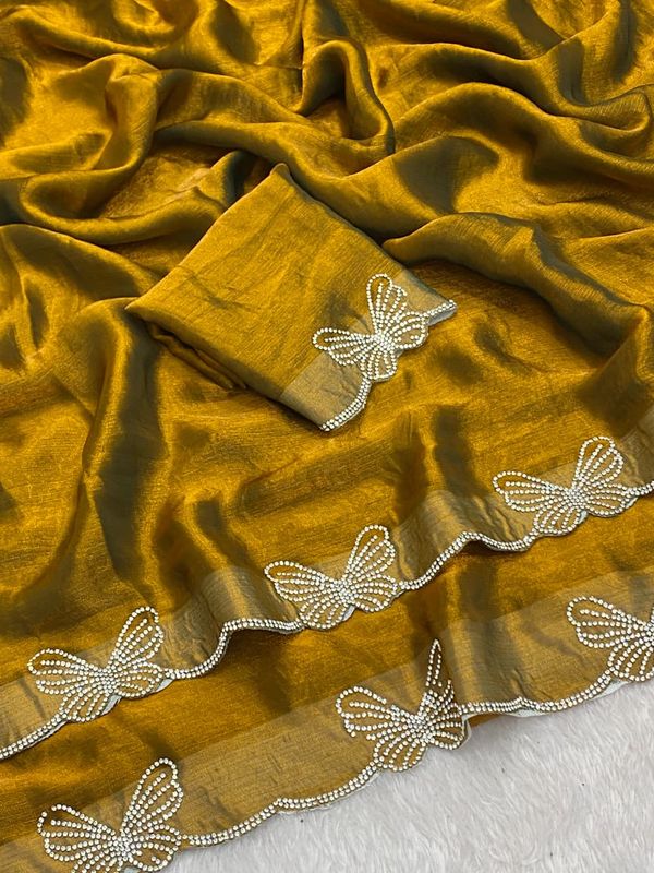 Premium Fendy Chiffon Saree with Complete Zarkan Diamond Work