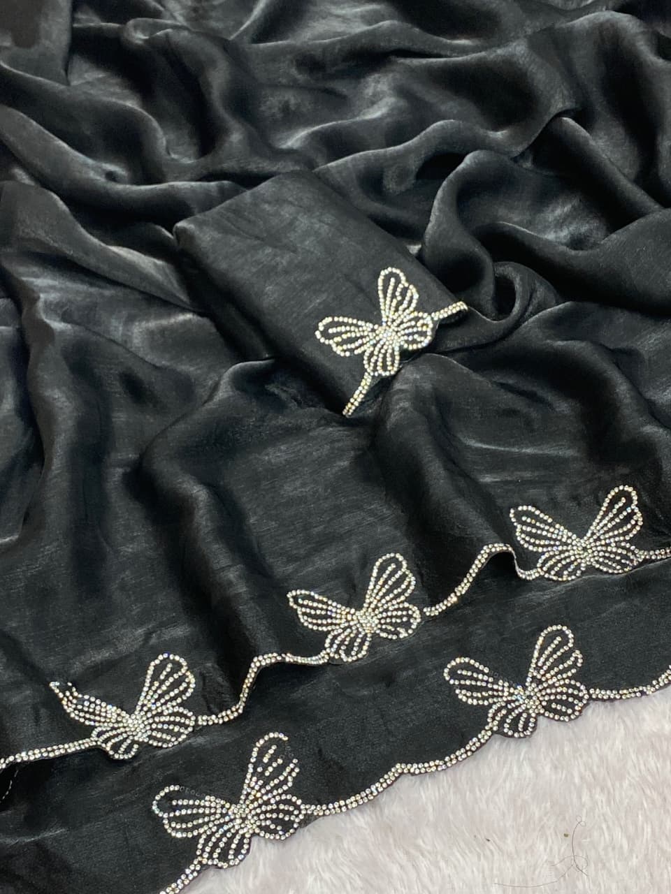 Premium Fendy Chiffon Saree with Complete Zarkan Diamond Work