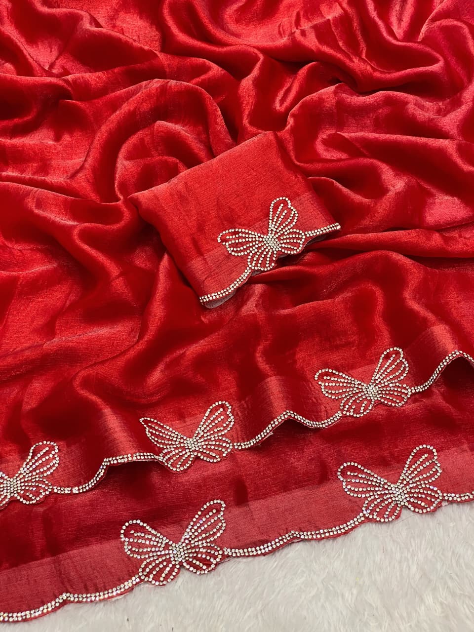Premium Fendy Chiffon Saree with Complete Zarkan Diamond Work