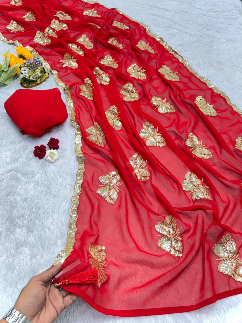 Premium Heavy Blooming Georgette Saree with All-Over Sequins & Peacock