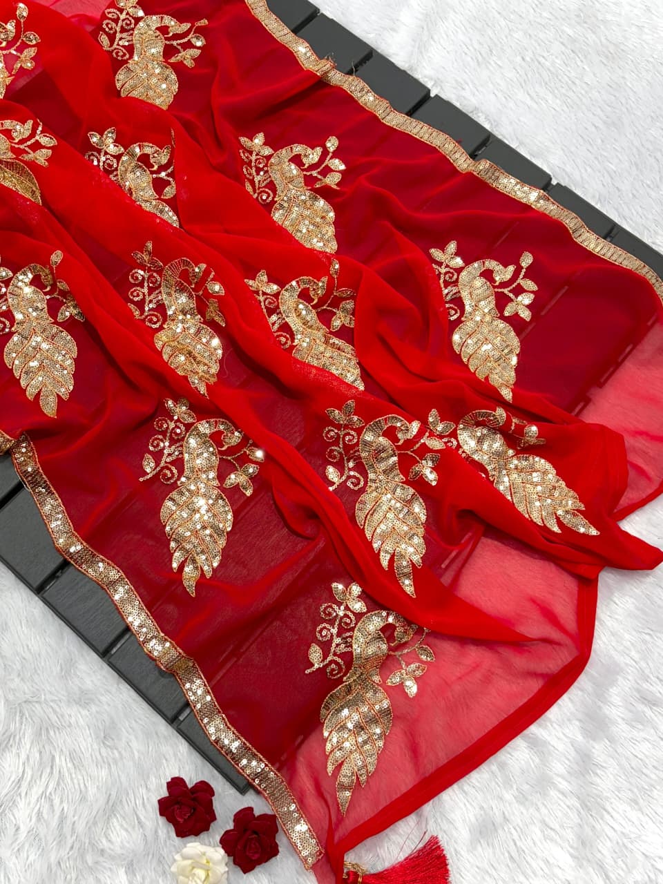 Premium Heavy Blooming Georgette Saree with All-Over Sequins & Peacock
