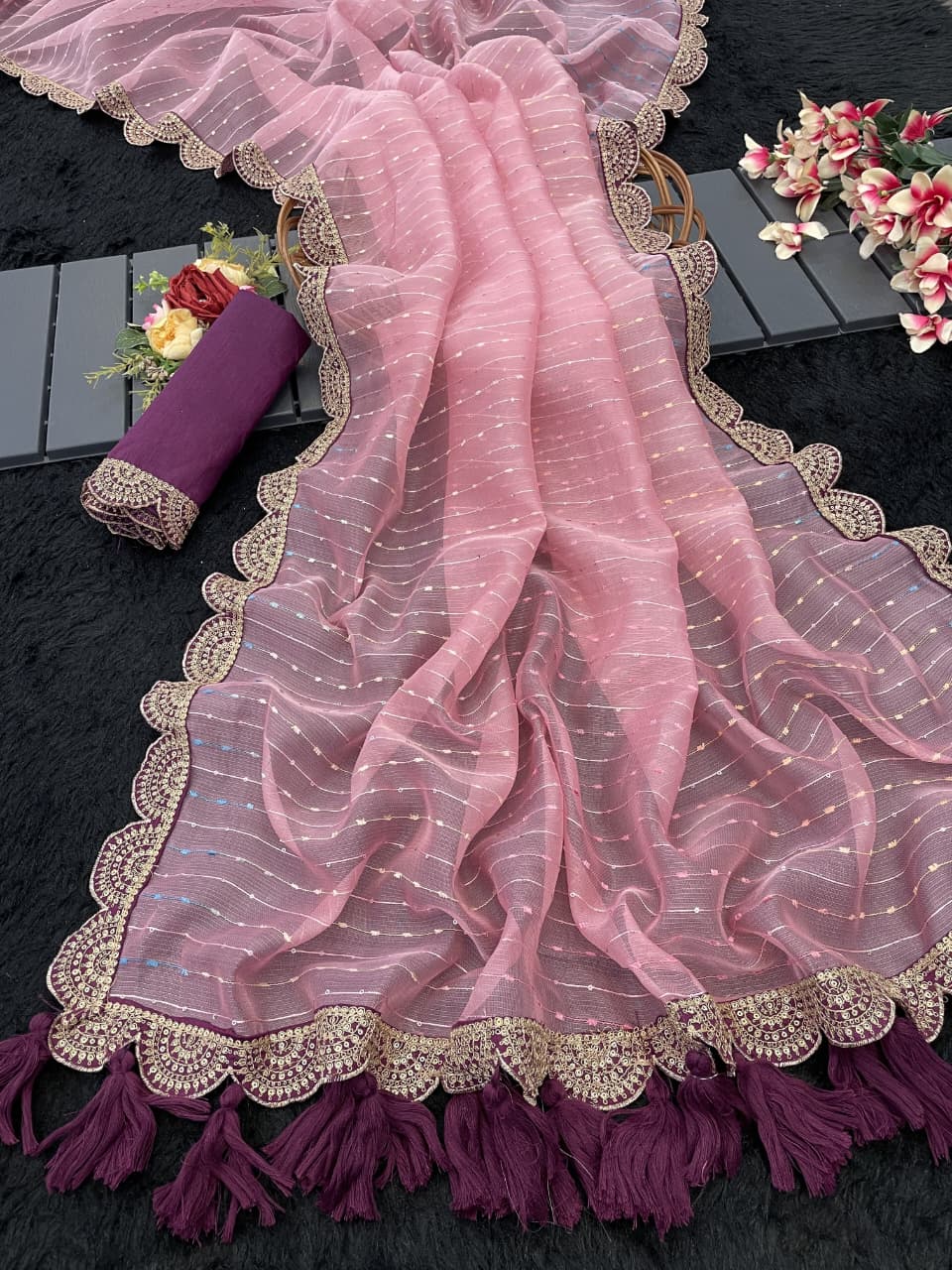 Luxurious Tissue Net Saree with Contrast Blouse