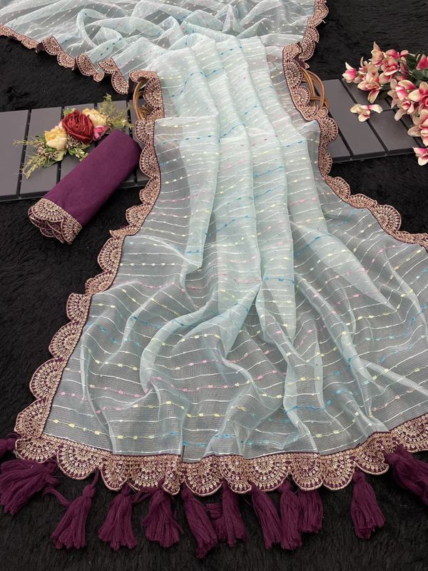 Luxurious Tissue Net Saree with Contrast Blouse