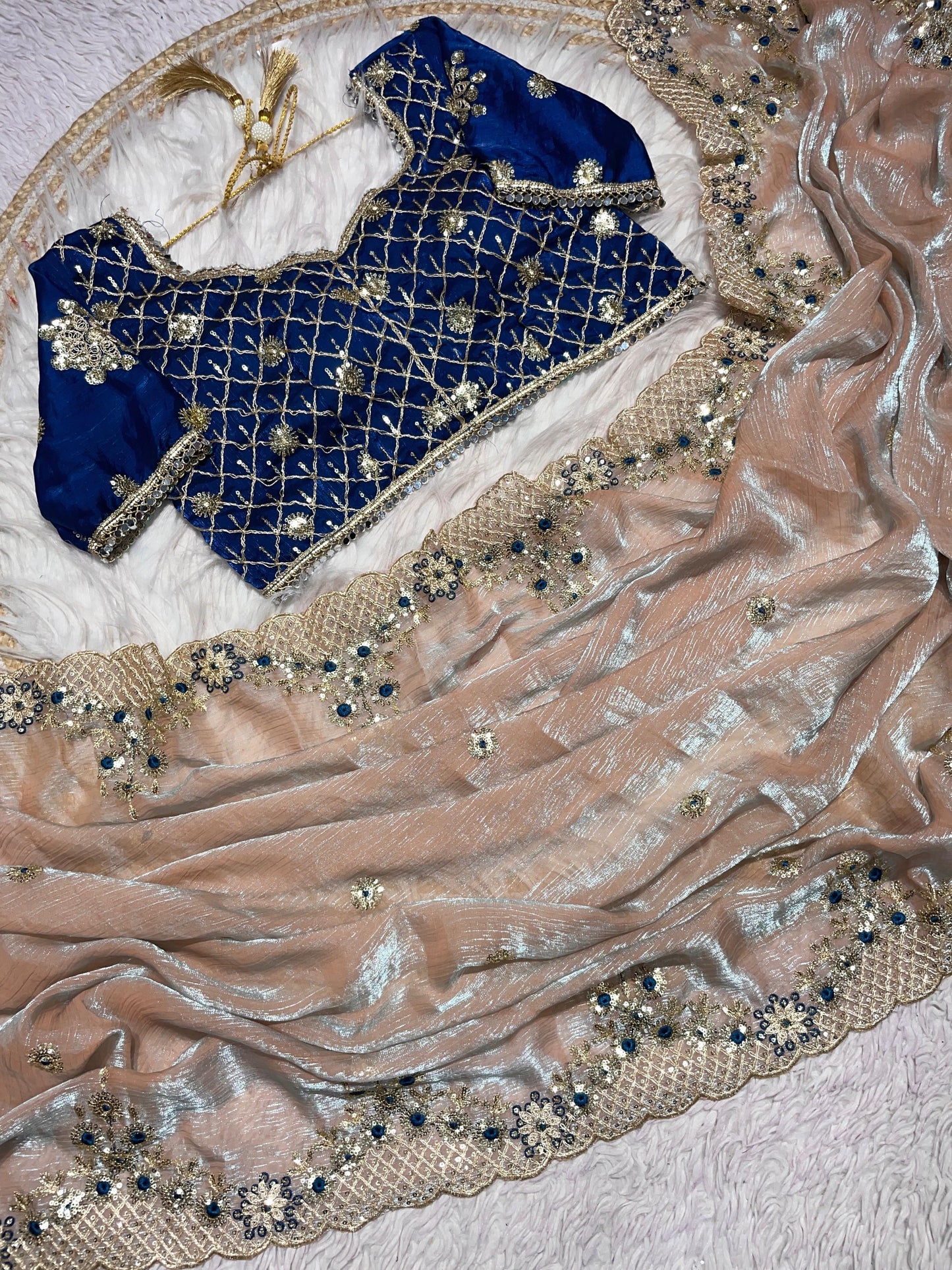 Premium Sequence Embroidery Two Tone Fendy Chiffon Saree