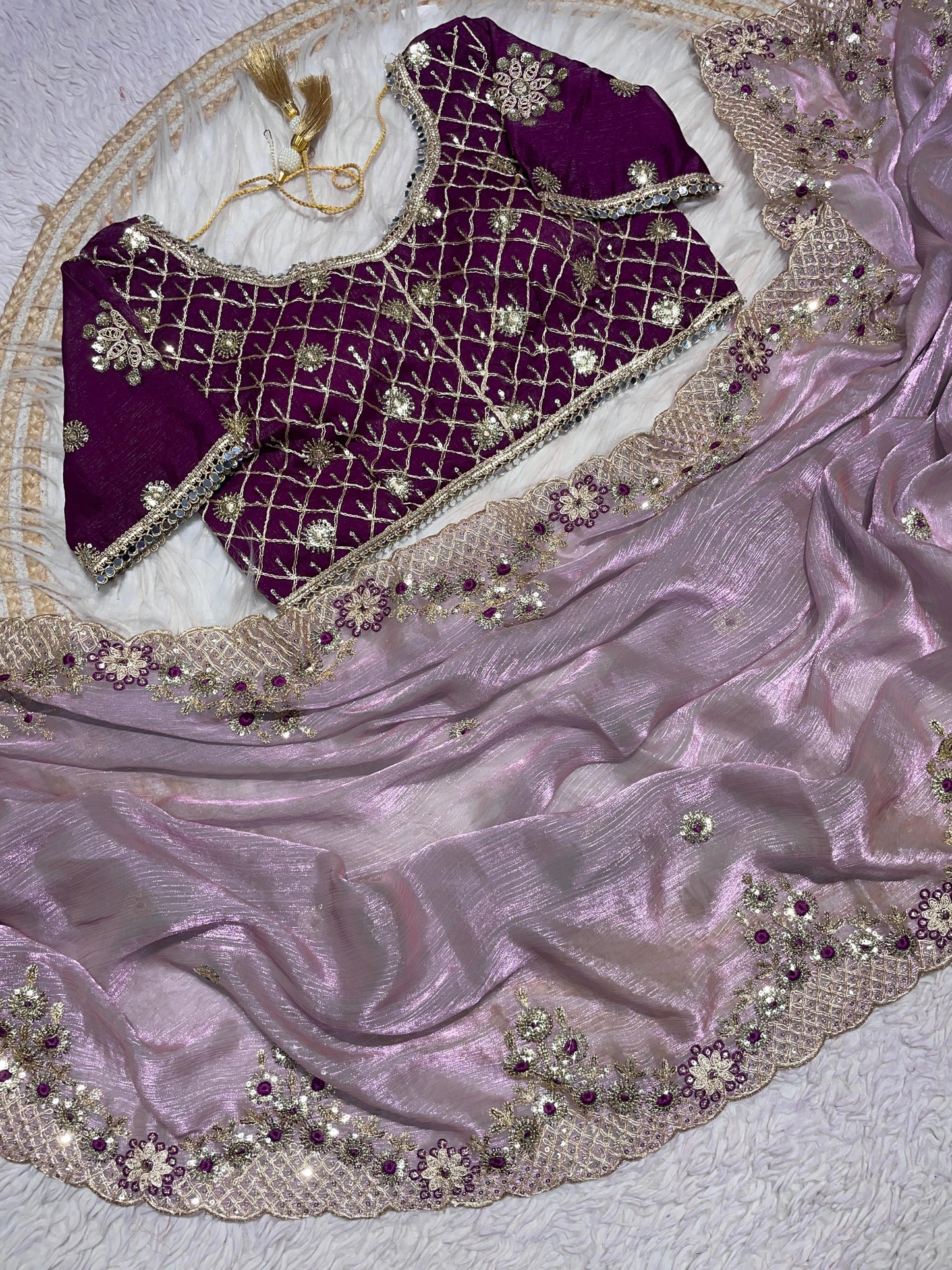 Premium Sequence Embroidery Two Tone Fendy Chiffon Saree