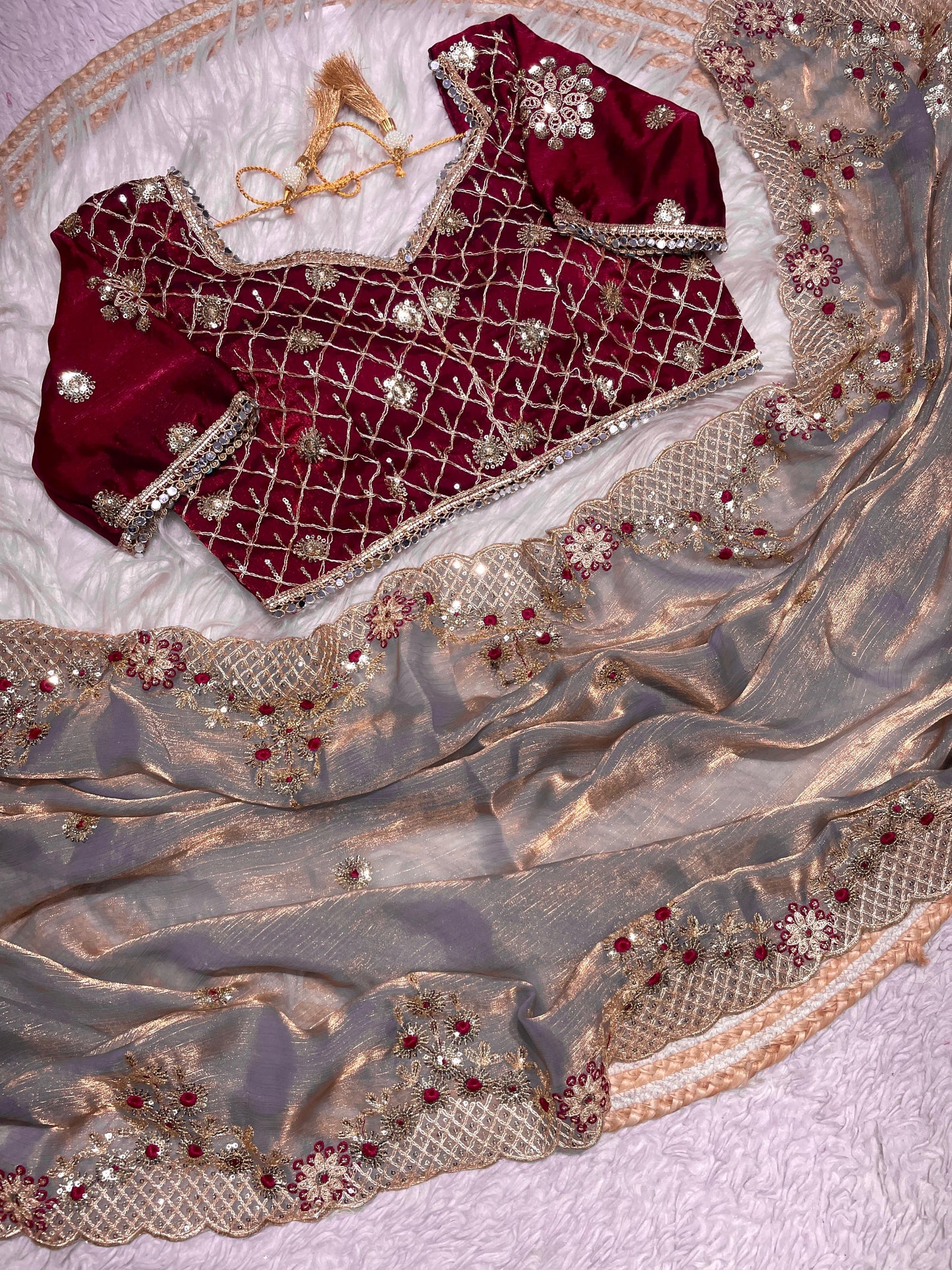 Premium Sequence Embroidery Two Tone Fendy Chiffon Saree