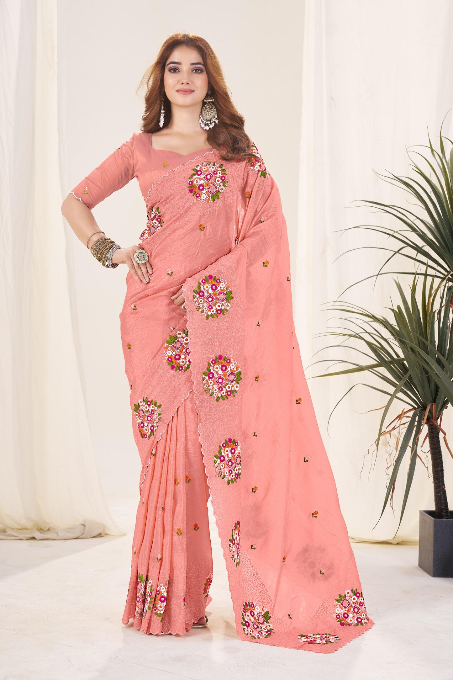 Premium Gold Crush Thread & Cutwork Embroidery Saree