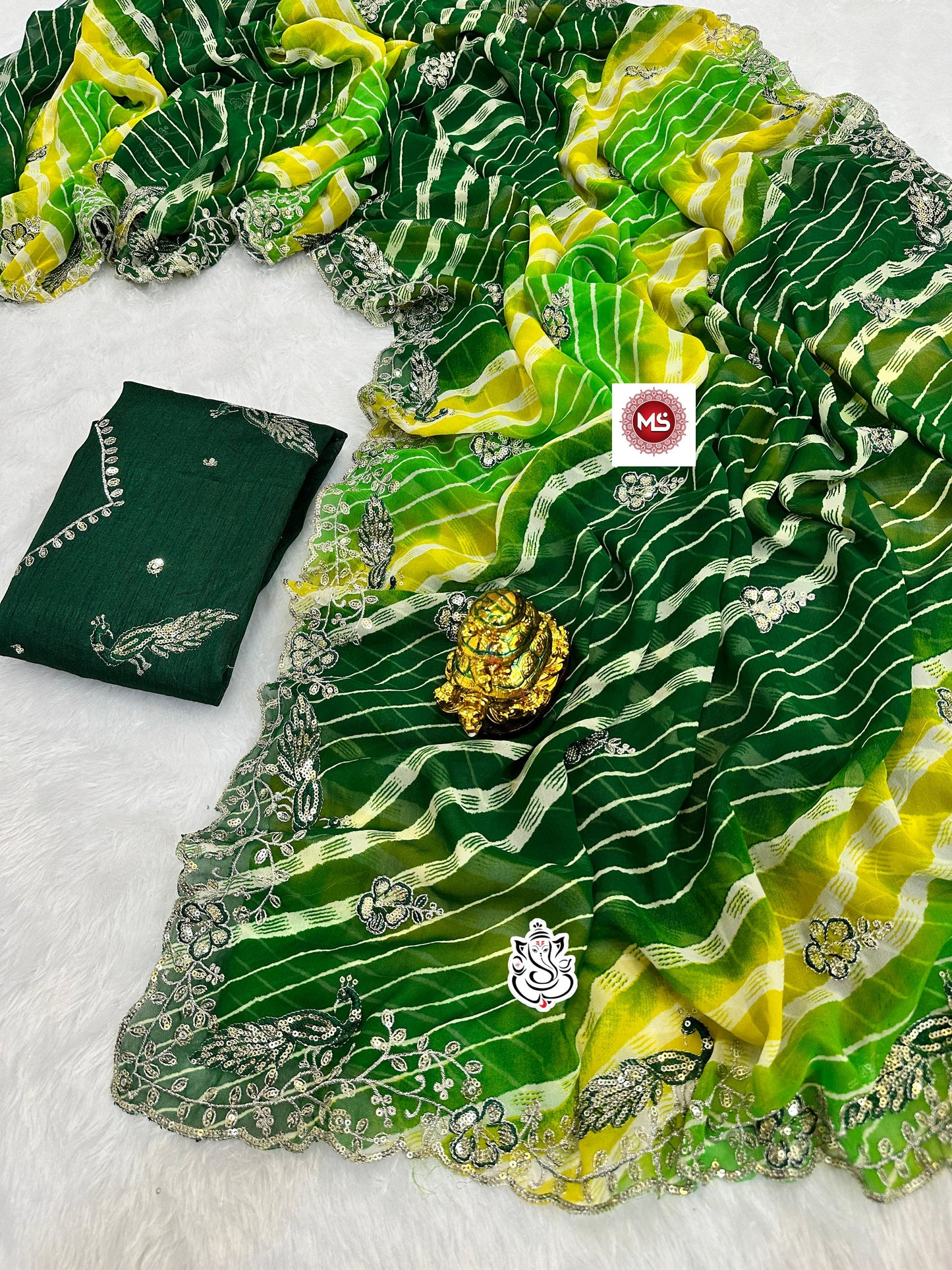 Premium C*C Lehriya Saree with Designer Peacock Work
