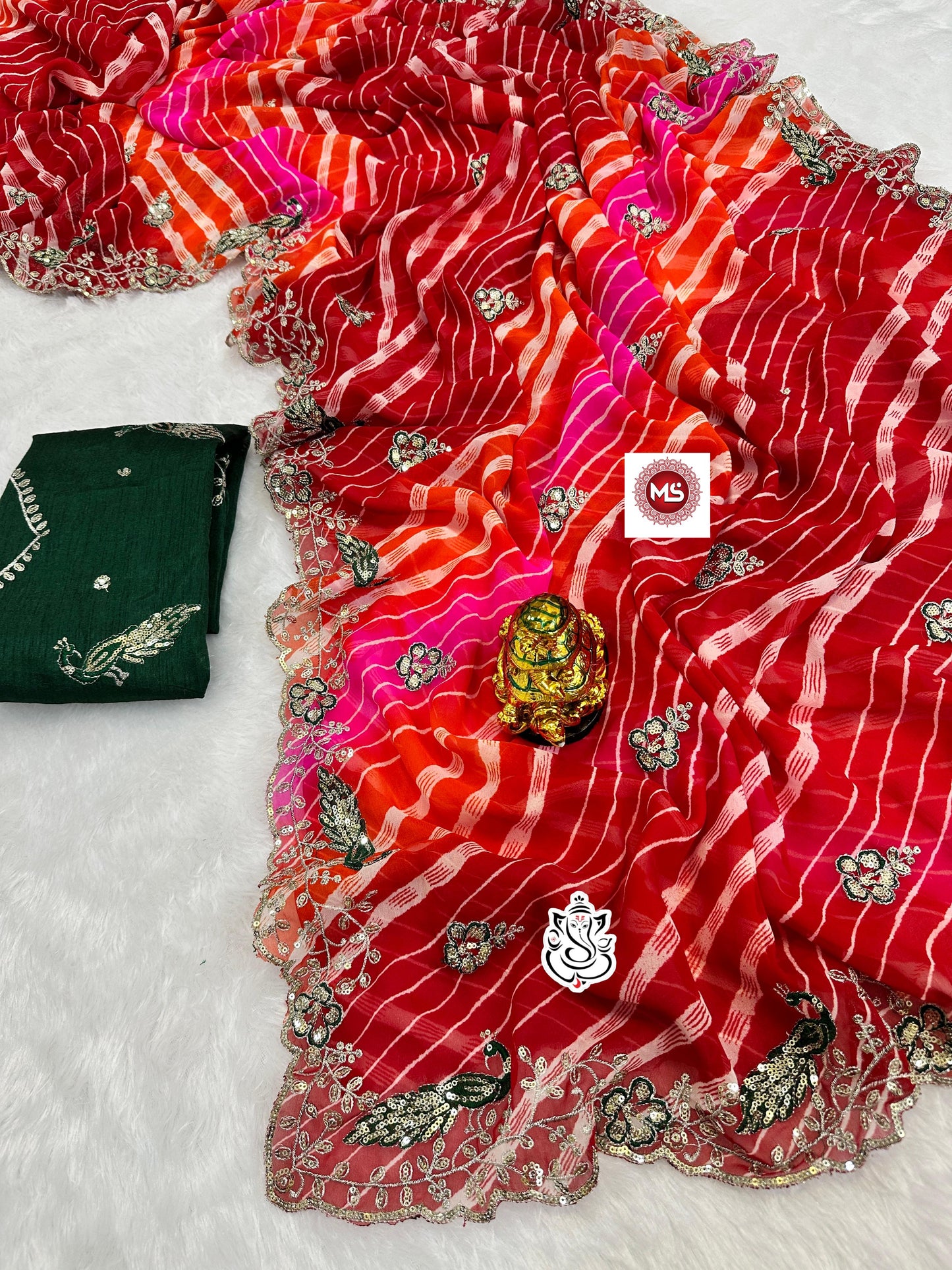 Premium C*C Lehriya Saree with Designer Peacock Work