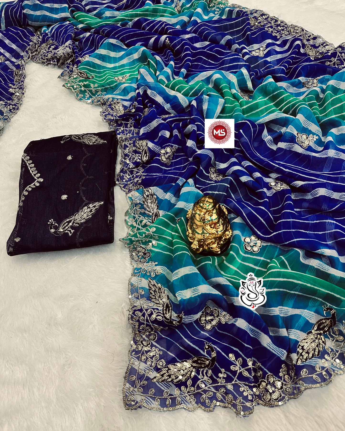 Premium C*C Lehriya Saree with Designer Peacock Work