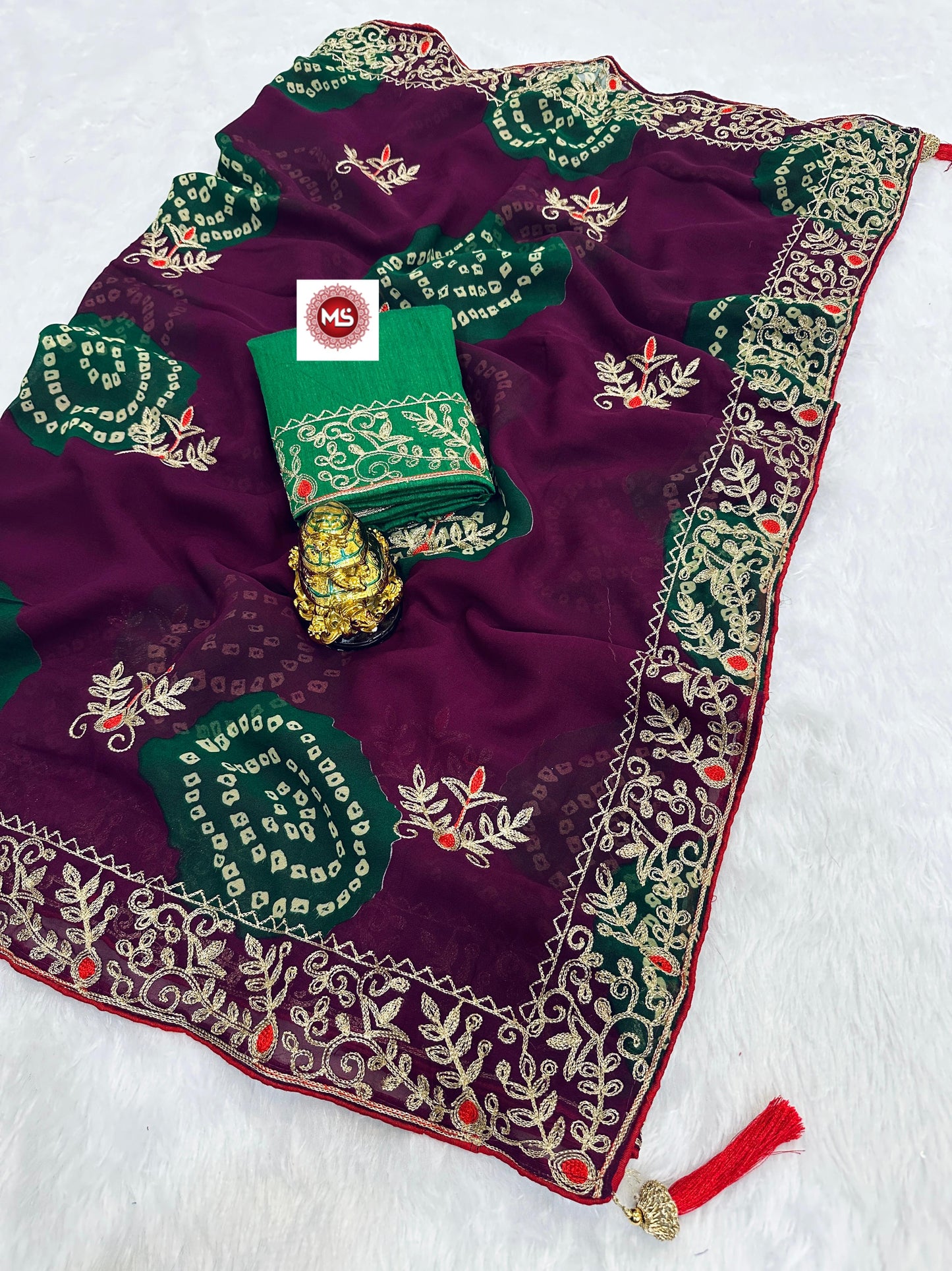 Premium Soft Georgette Bandhej Saree with Aari Work