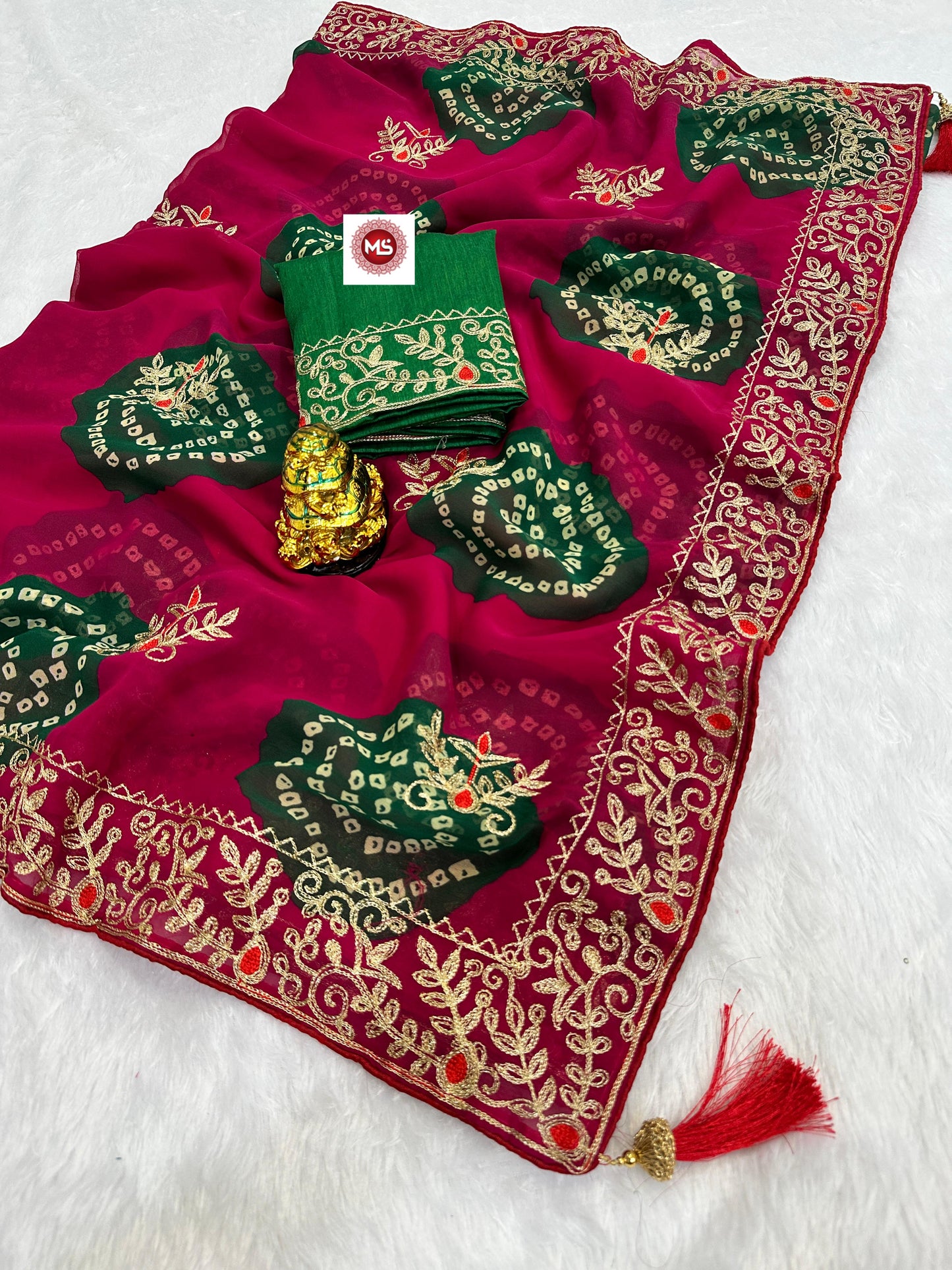 Premium Soft Georgette Bandhej Saree with Aari Work