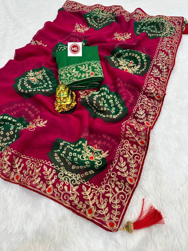 Premium Soft Georgette Bandhej Saree with Aari Work