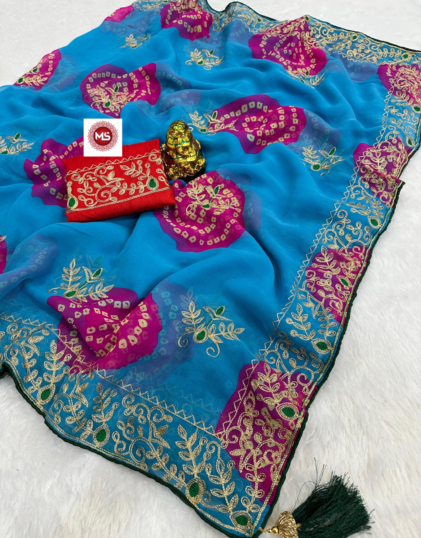 Premium Soft Georgette Bandhej Saree with Aari Work