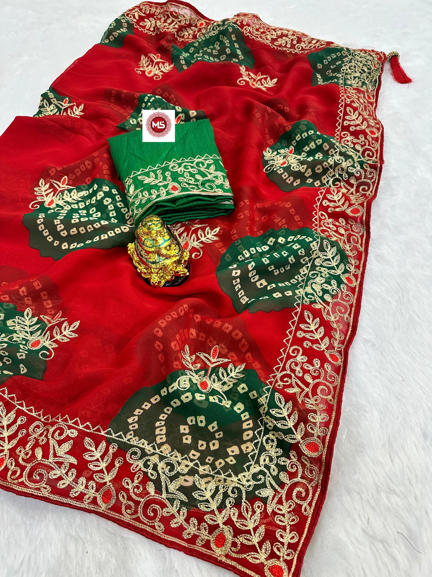 Premium Soft Georgette Bandhej Saree with Aari Work