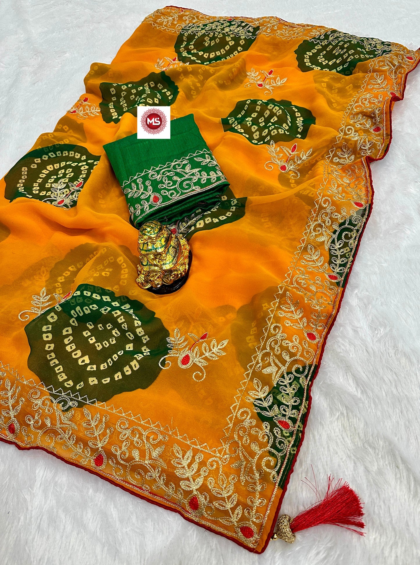 Premium Soft Georgette Bandhej Saree with Aari Work