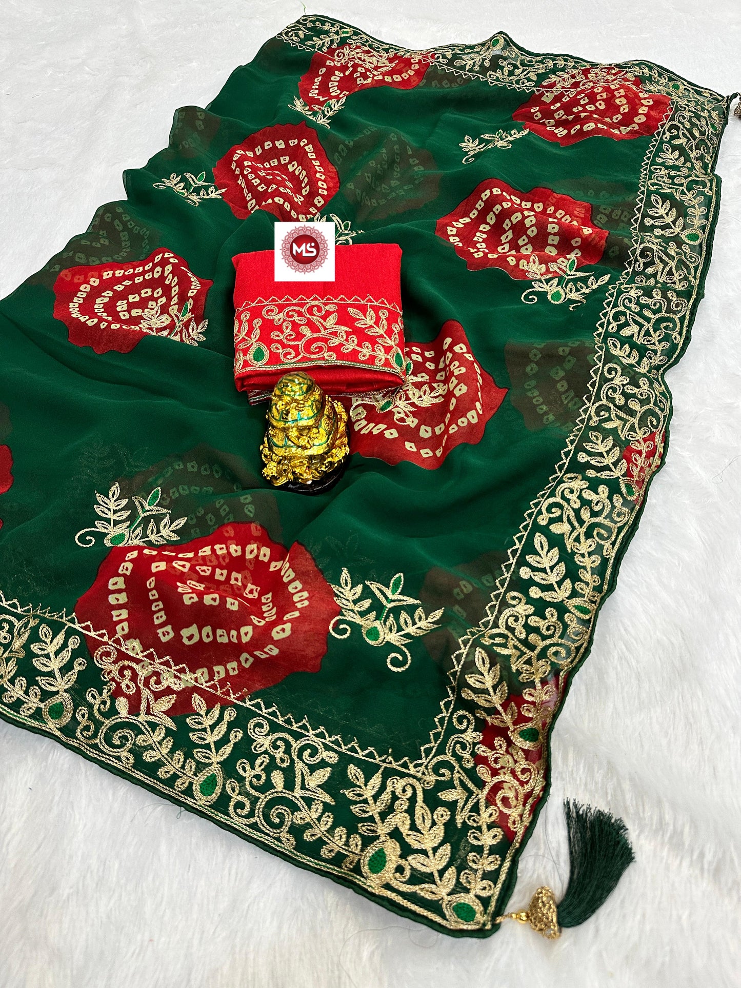 Premium Soft Georgette Bandhej Saree with Aari Work
