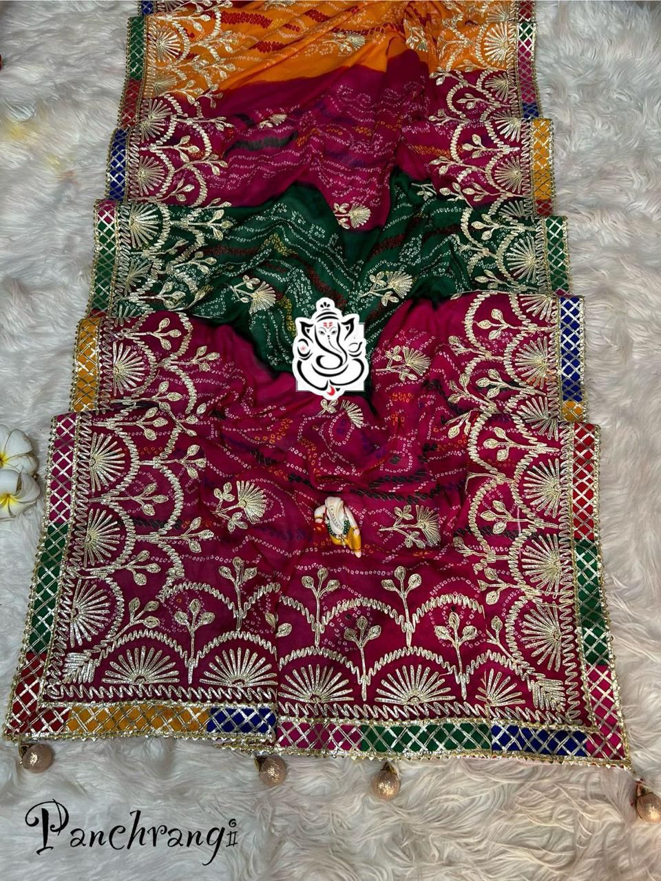 Special Bandhej Moss Fabric Saree with Hand Gota Patti Work