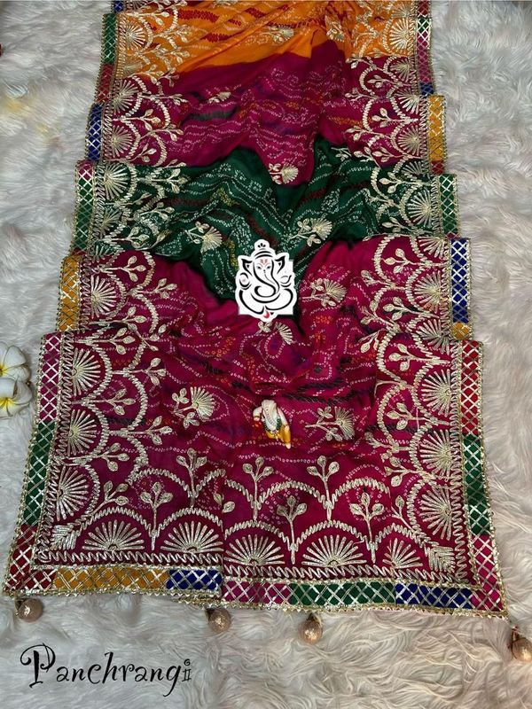 Special Bandhej Moss Fabric Saree with Hand Gota Patti Work