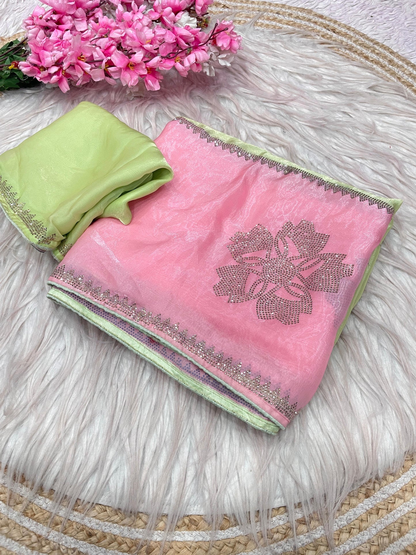Premium Fandy Satin Digital Print Saree with Jarkhan & Siroski Work