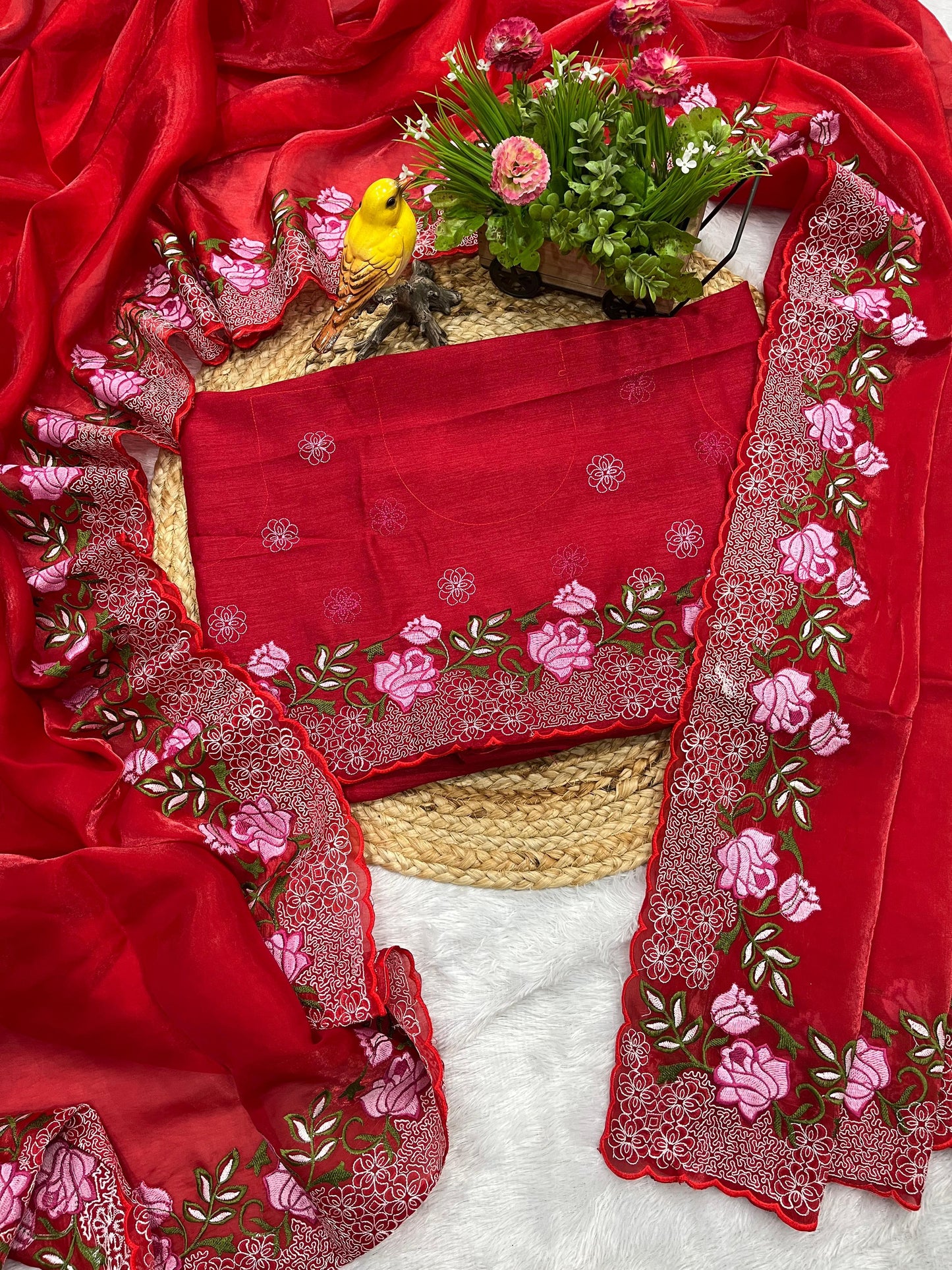 Premium Cherry Red Pure Geemichu Silk Saree