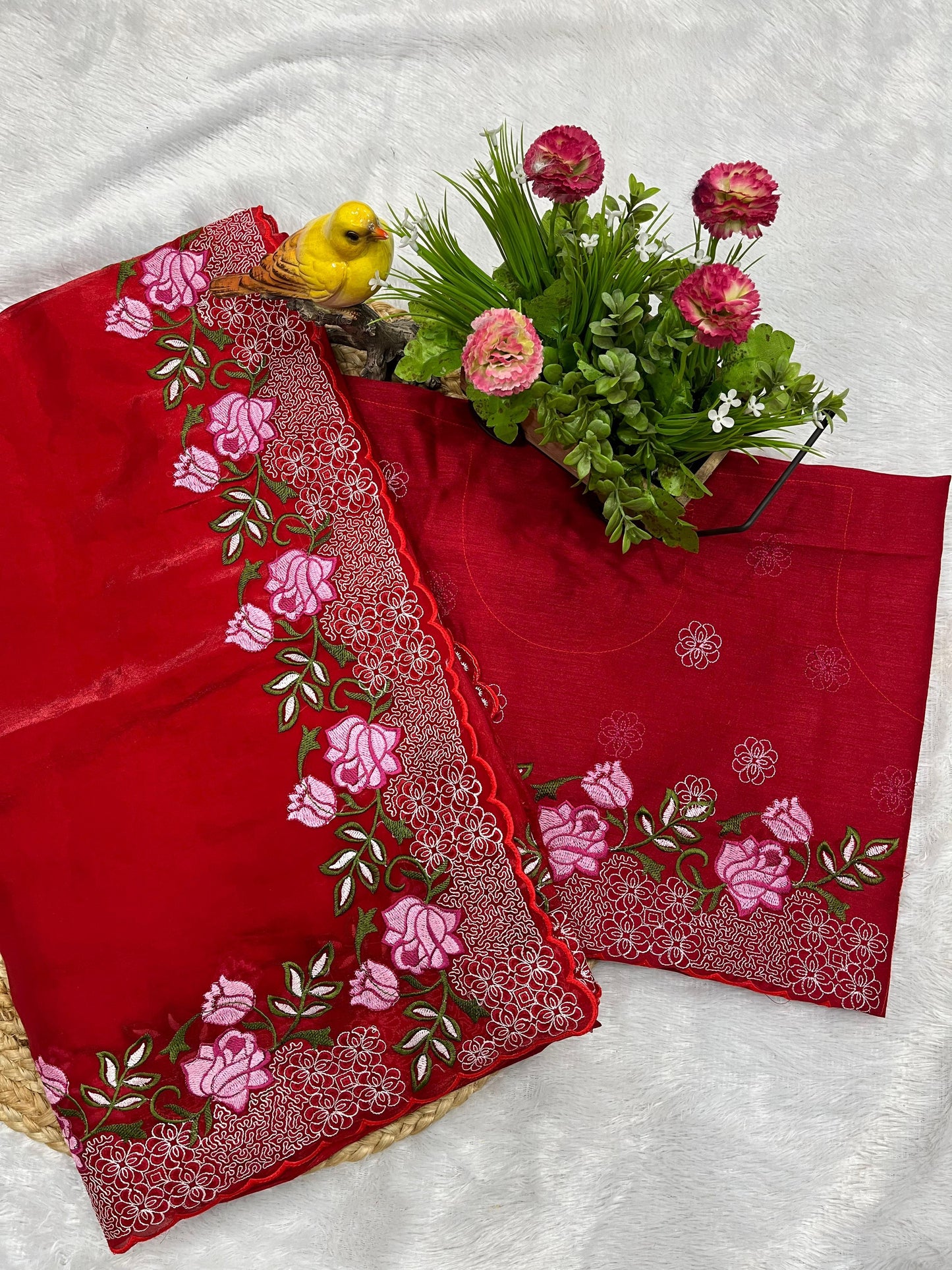 Premium Cherry Red Pure Geemichu Silk Saree