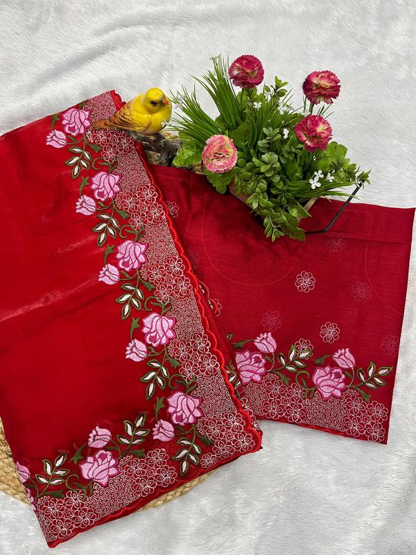 Premium Cherry Red Pure Geemichu Silk Saree