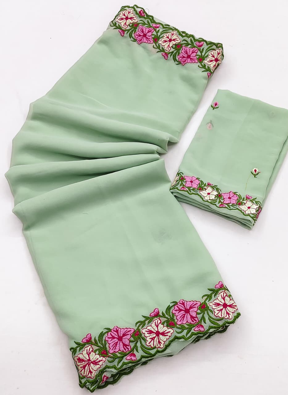 Premium Pastel Elegance Multi-Thread Embroidered Saree