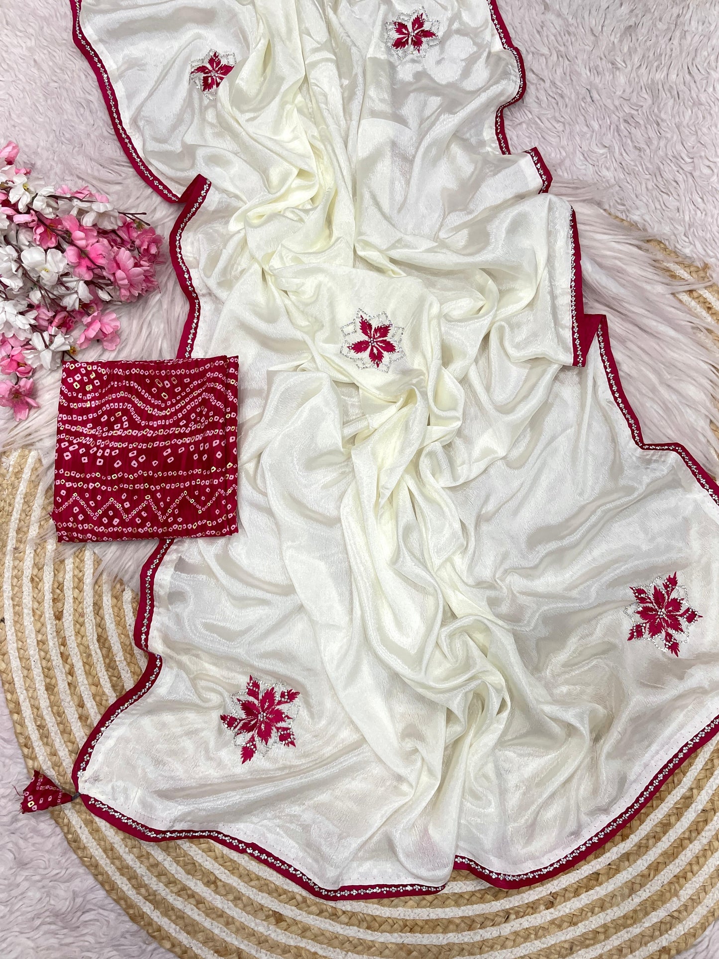 Elegant Charm Chinnon Embroidered Saree with Foil Print Blouse