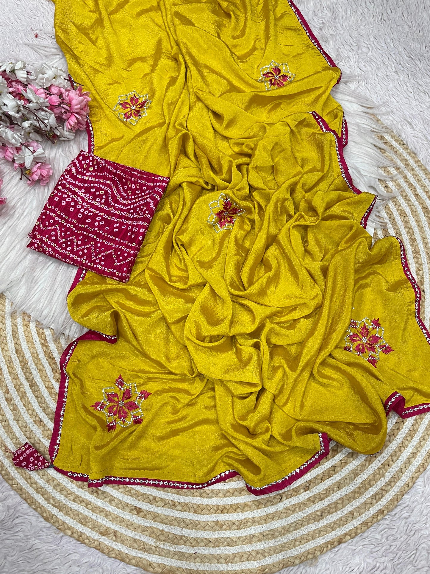 Elegant Charm Chinnon Embroidered Saree with Foil Print Blouse