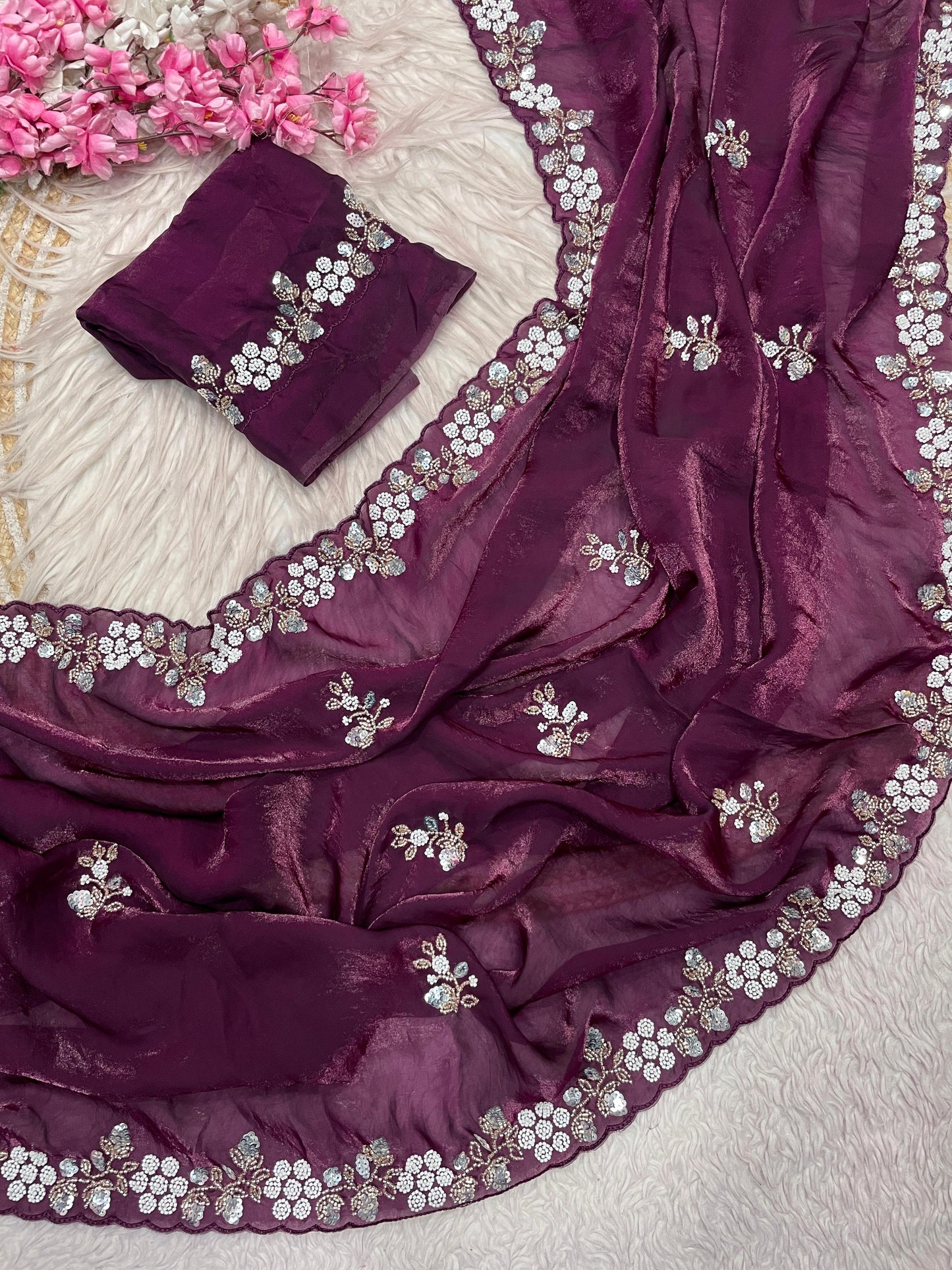 Elegant Fandy Satin Saree with Sequence Brits Work