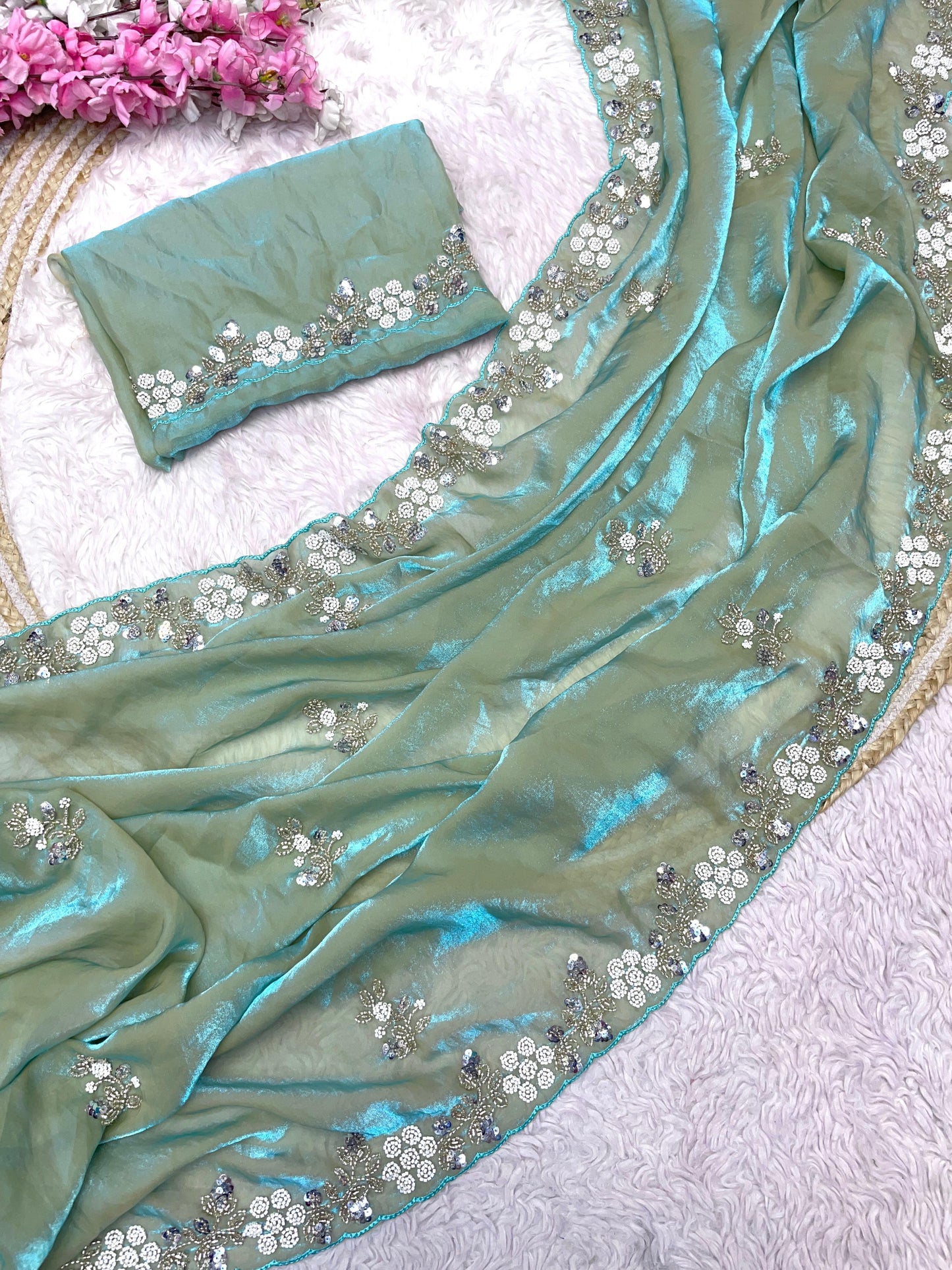 Elegant Fandy Satin Saree with Sequence Brits Work
