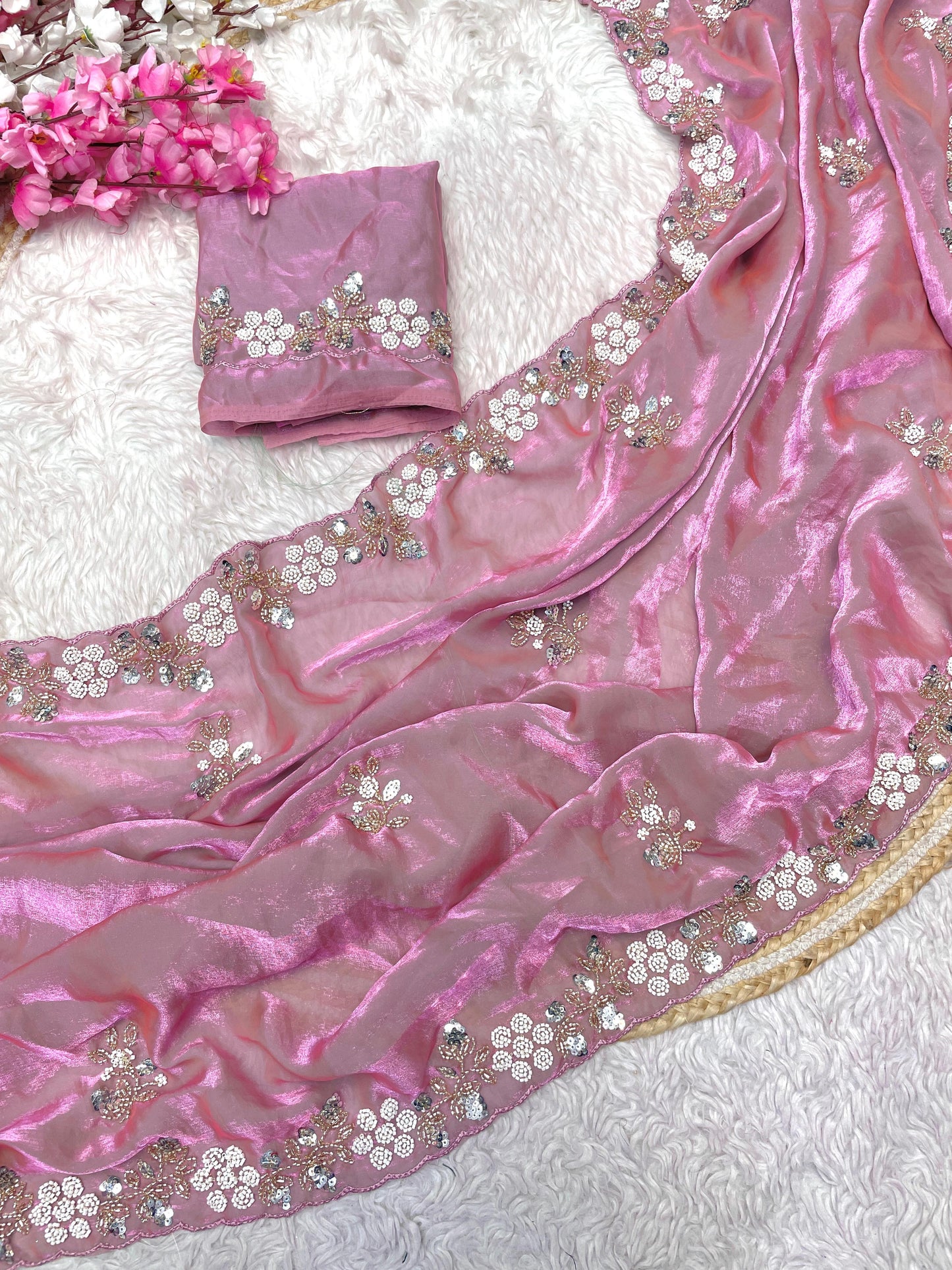 Elegant Fandy Satin Saree with Sequence Brits Work